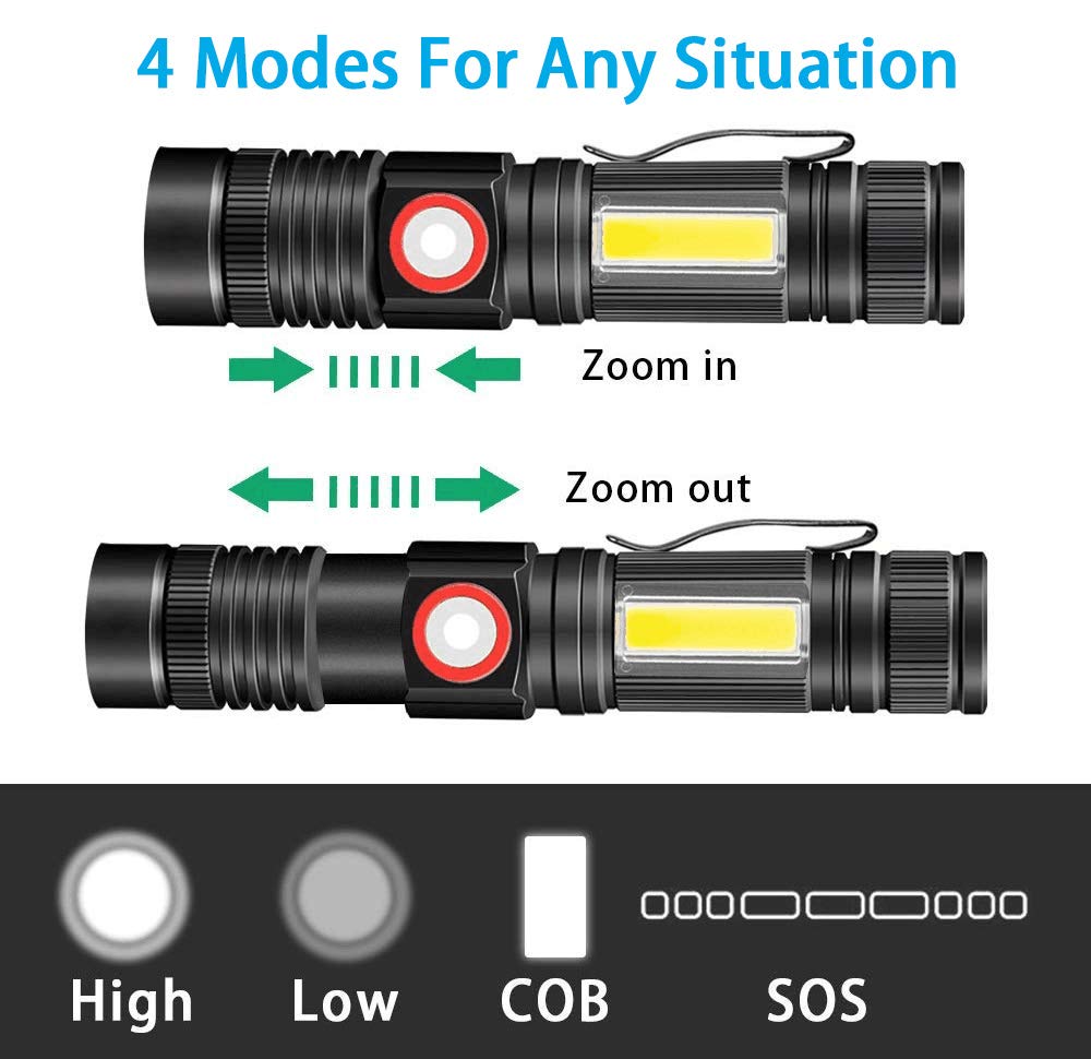 Vnina Rechargeable Tactical Flashlight - USB Magnetic, 4.7 In, Aluminum, 2 Pack, Waterproof, High Lumen, Zoomable