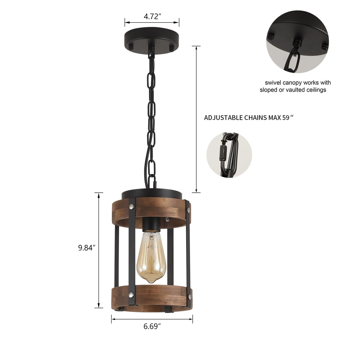 Rustic Farmhouse Wood Pendant Light Fixture One-Light Adjustable Chain Oak Wood And Metal Lantern Drum Small Pendant Lighting For Kitchen Island Sink Hallway Farmhouse Bathroom Bar  Black
