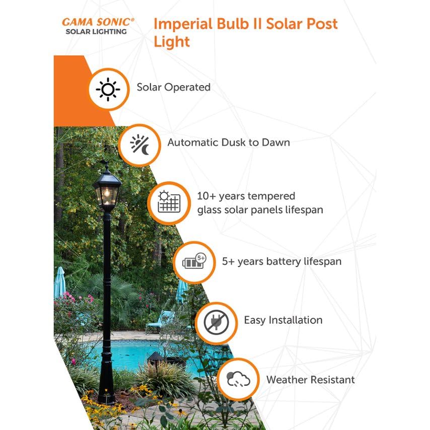 Gama Sonic Imperial Ii Outdoor Post Light, 2700K Warm White, Black Resin, Clear Lens, 3 Fitter, Model 96B50012