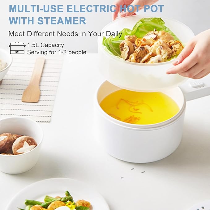 Hot Pot Electric with Steamer, 1.5L Ceramic Glaze Non-stick Portable Pot, Dual Power Multi-functional Electric Cooker, Suitable for Steak, Pasta, Hot Pot, Ramen, Dorm Room Essential