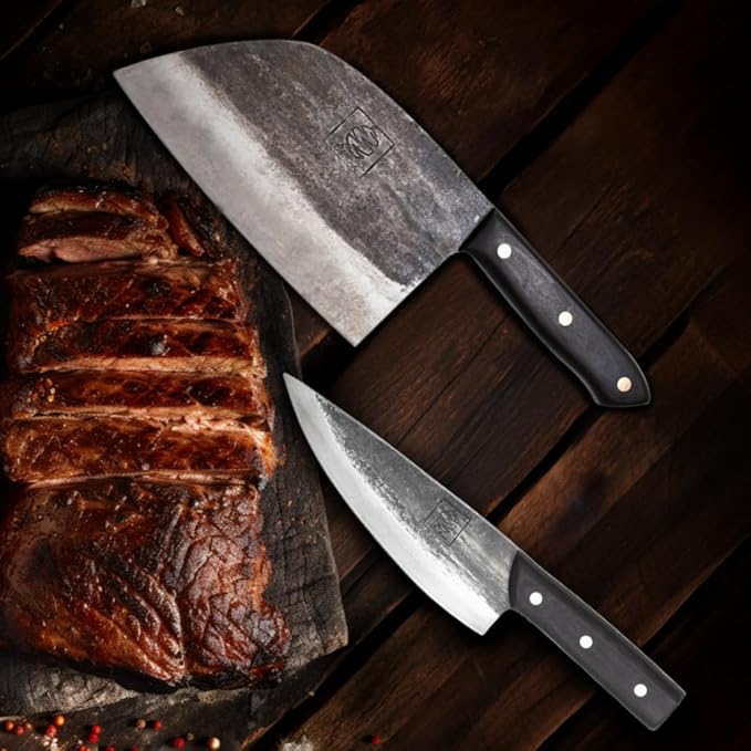 COOLINA Knife Set – Lixy, Tungsten & Promaja Knives Bundle – 3-Piece Hand-Forged Carbon Steel Kitchen & BBQ Knives – Full Tang Butcher, Chef & Cleaver with Wooden Handles