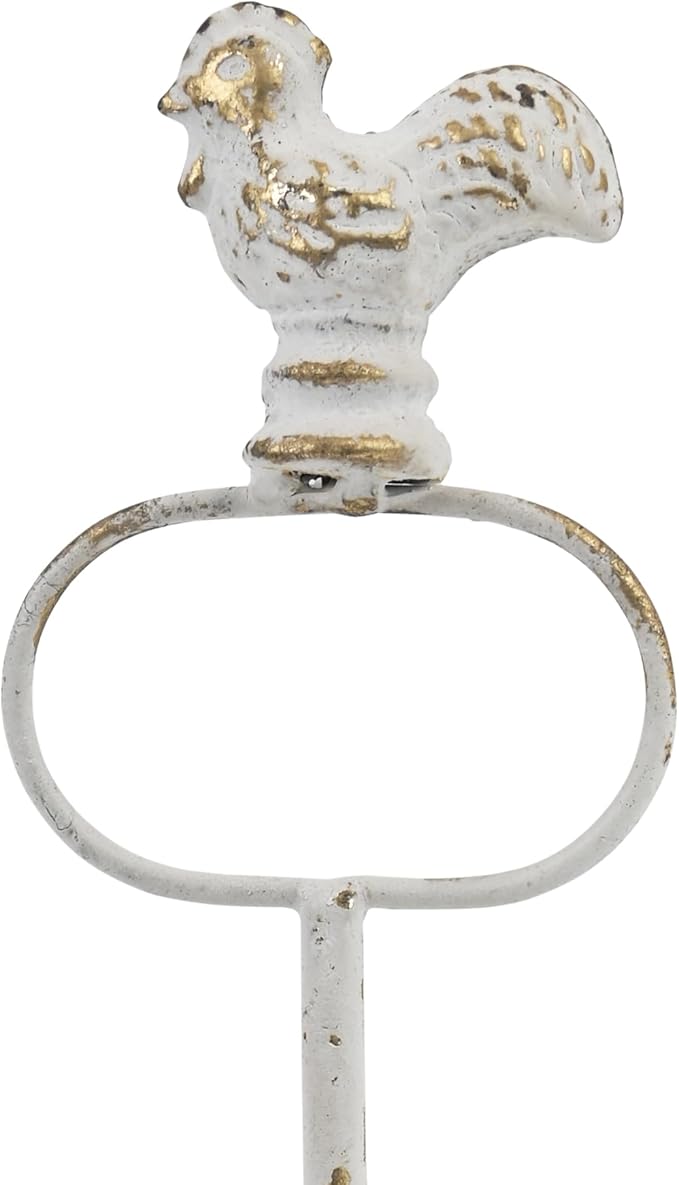 Vintage White Metal Egg Holder with Rooster Top - 2-Tier & Bottom Basket Design, Farmhouse Distressed Decor Egg Storage Rack for Kitchen Countertop Decor (White with Gold)