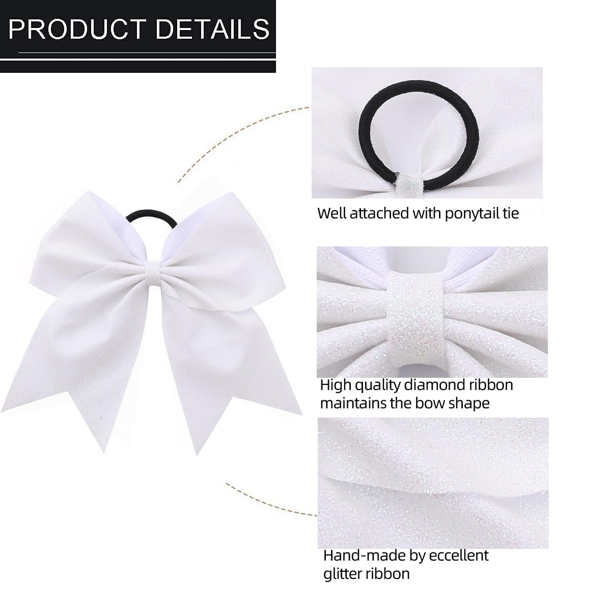 16 PCS Large Glitter White Cheer Hair Bows, Shiny Cheerleading Bows Ponytail Holder for Cheerleader Girls Softball Sports and Ch