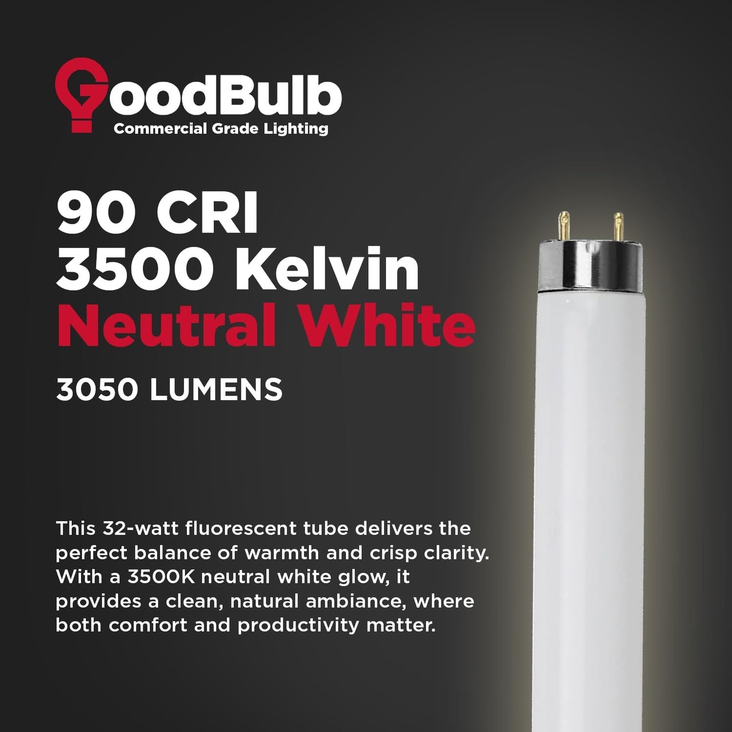 Goodbulb F32T8 Fluorescent Light Bulb, 32W, 3500K Soft White, 3050 Lumens, 25 Pack, Bi-Pin Base,