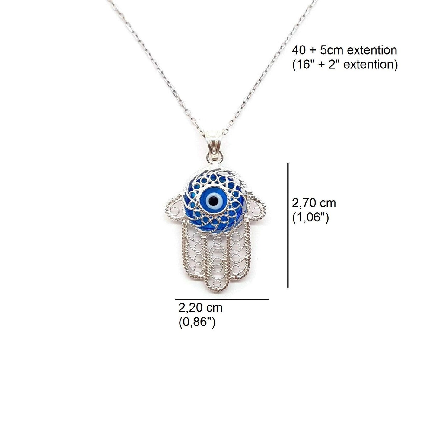 MYSTIC JEWELS By Dalia - Sterling Silver Filigree Necklace with Hamsa Hand and Turkish Blue Evil Eye