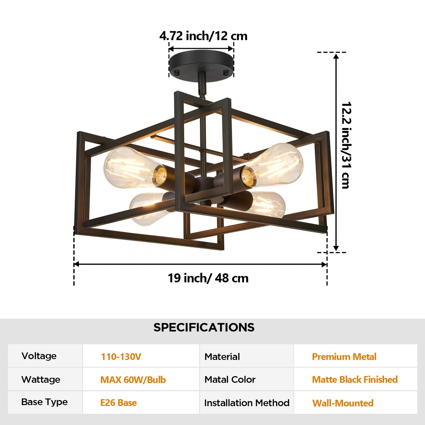 Fadimikoo 4-Light Semi Flush Mount Kitchen Ceiling Light Fixture, Black Metal, Modern Rectangle Frame, Ideal For Bedroom And Hallway