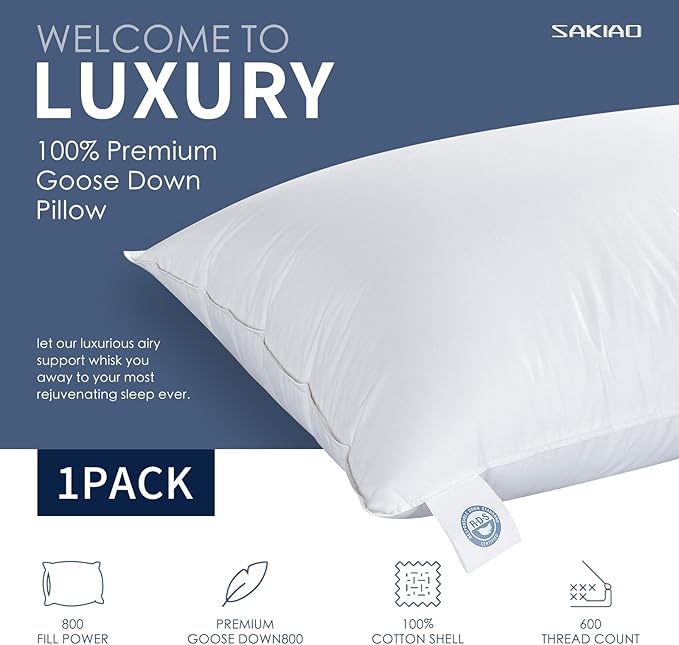 100% Canadian White Down Pillow - Luxury Sleeping Pillow for Back, Stomach & Side Sleepers - 800 Fill Power Bed Pillow (Queen-Soft)