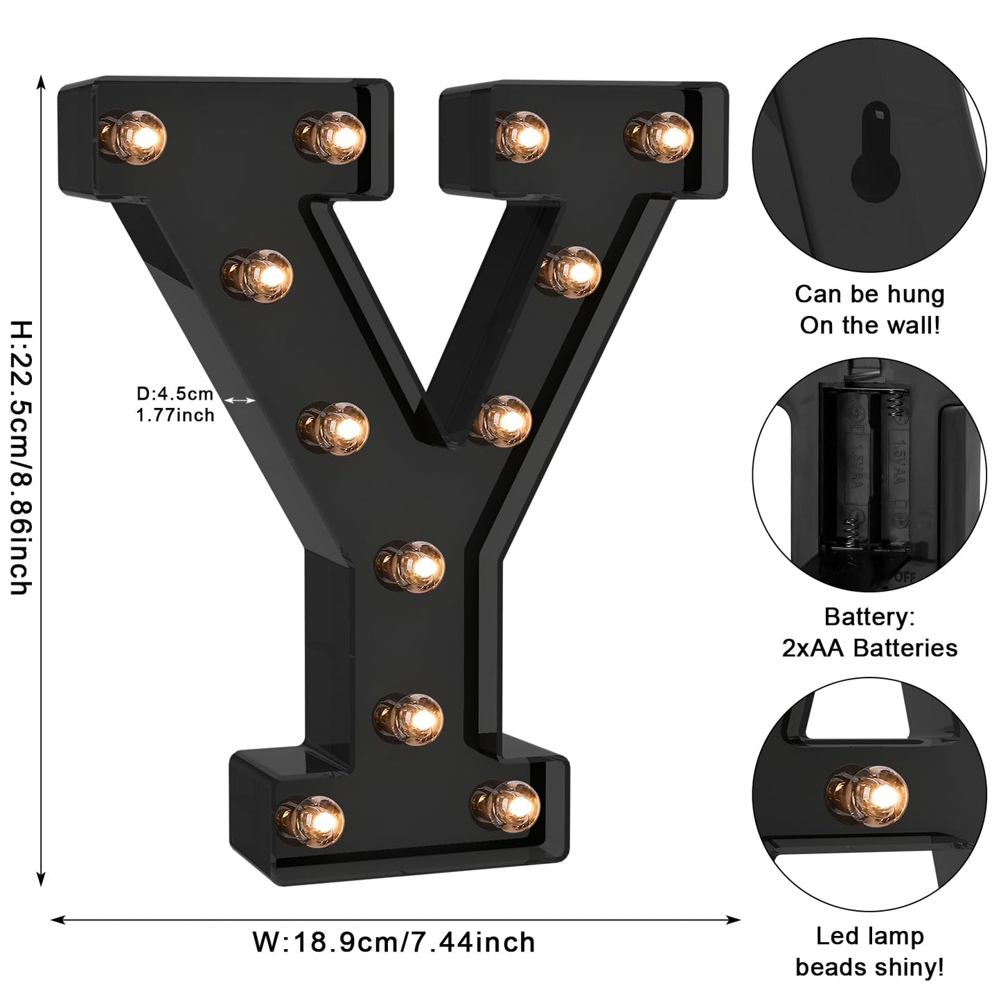 Foaky LED Letter Lights - Battery Operated Black Alphabet Lights for Room Decor - Model Black-25, Size Y