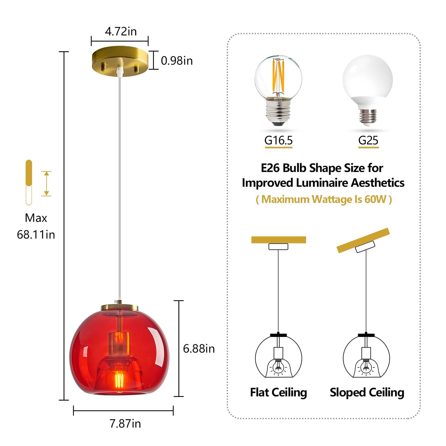 Lbsqj Red Glass Pendant Lights Kitchen Island Gold Hanging Light Fixture Glass Globe Pendant Light Modern Pendant Lighting For Kitchen Island Bedroom Dining Room (7.87  3 Pack)