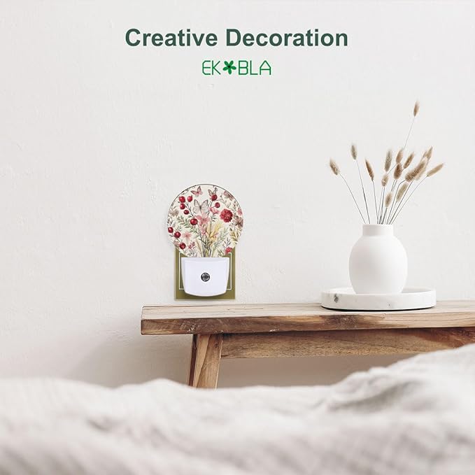 EKOBLA Vintage Flower Butterfly Night Light Floral Plug into Wall with Dusk to Dawn Light Sensors, Warm Nightlights for Bedroom, Bathroom, Hallway, Kitchen, Gifts for Girls Women