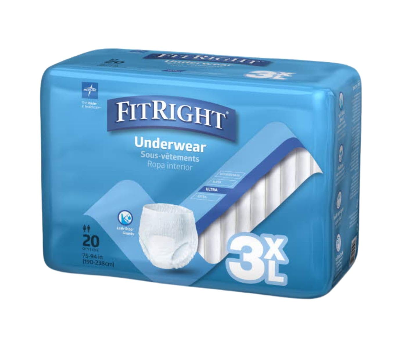 Medline FitRight Adult Incontinence Underwear, Heavy Absorbency, 3X-Large, 75"-94" Waist (20 Count, 4 Pack)