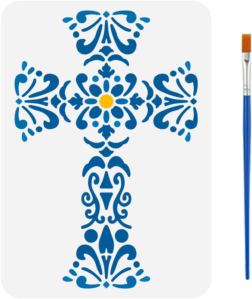 FINGERINSPIRE Cross Pattern Painting Stencil with Brush 8.3x11.7inch Flower Cross Drawing Template Floral Crossing DIY Art Home Decoration Stencil for Painting on Wood Wall Fabric Furniture