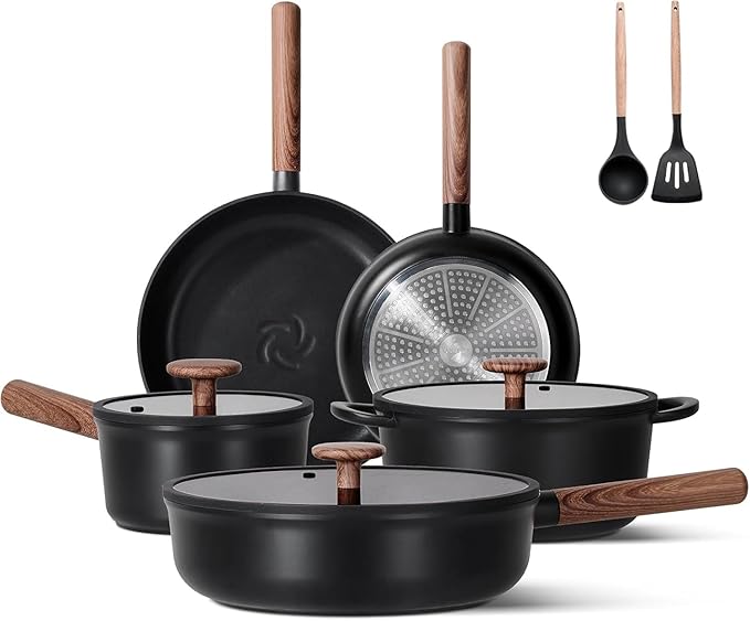 JEETEE Ceramic Cookware Set, 15 PCS Pots and Pans Set Non Stick with Removable Handles, Non Toxic Induction Kitchen Cookware Sets, Dishwasher/Oven Safe PFAS/PFOA Free Black