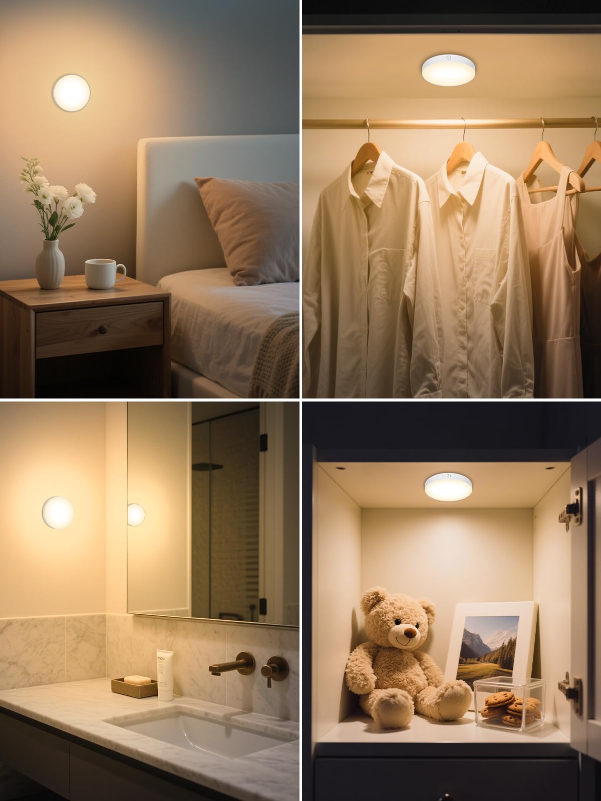 WILLED Dimmable Touch Lights, Battery Rechargeable LED Puck Lights, 3000K, White, Model WNL-A2, 2 Pack