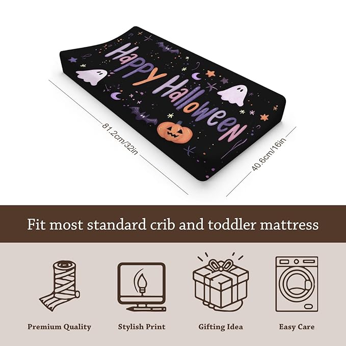 Halloween Pumpkin Bats Fall Holiday Moon Stars Pattern Baby Changing Pad Cover, Unisex Halloween Nursery Diaper Changing Table Pad Mat Sheet for Boys Girls-16x32