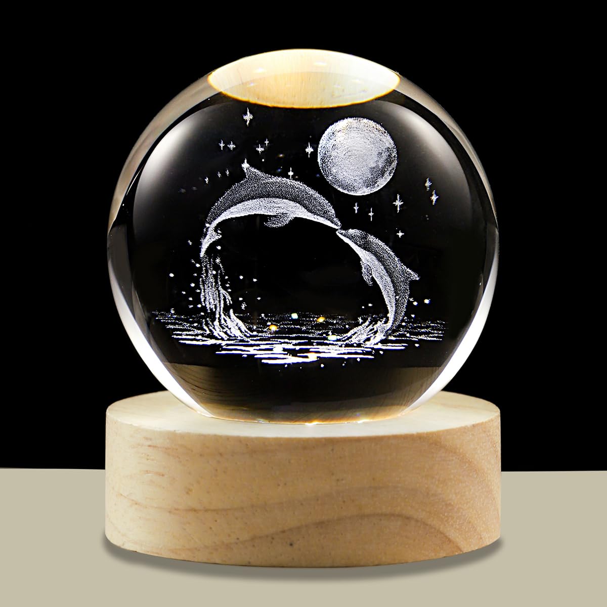 Hochance 3D Dolphin Crystal Ball Lamp With Adjustable Brightness Led Wooden Base Night Light For Kids Teens mature-themeds Birthday Gift Home Desk Office Bedroom Decor (6Cm / 2.4 )