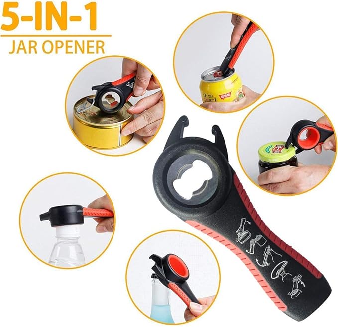 Bottle Opener Set, 5-in-1 and 6-in-1, Can, Soda, and Jar Openers, Twist Off Lid – Jar Opener for Seniors and Arthritic Hands (2pcs) (Black Red)
