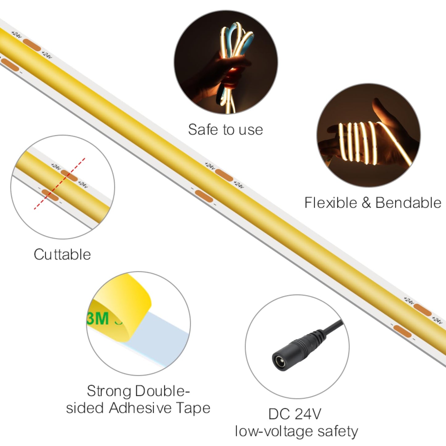 Maliigaza 32.8Ft Cob Led Strip Light 24V 3000K Ra90+ Flexible High Bright Dimmable Led Tape  8Mm Width Strip Light With 3840 Leds For Home Indoor Lighting Decor (Without Power Supply Or Adapter)