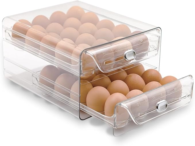 Egg Holder for Refrigerator,40 Eggs Clear Drawer Organizer,2 Layer Stackable Egg Holder Egg Trays,Egg Storage Container with Time Scale for Fridge Countertop Cabinet