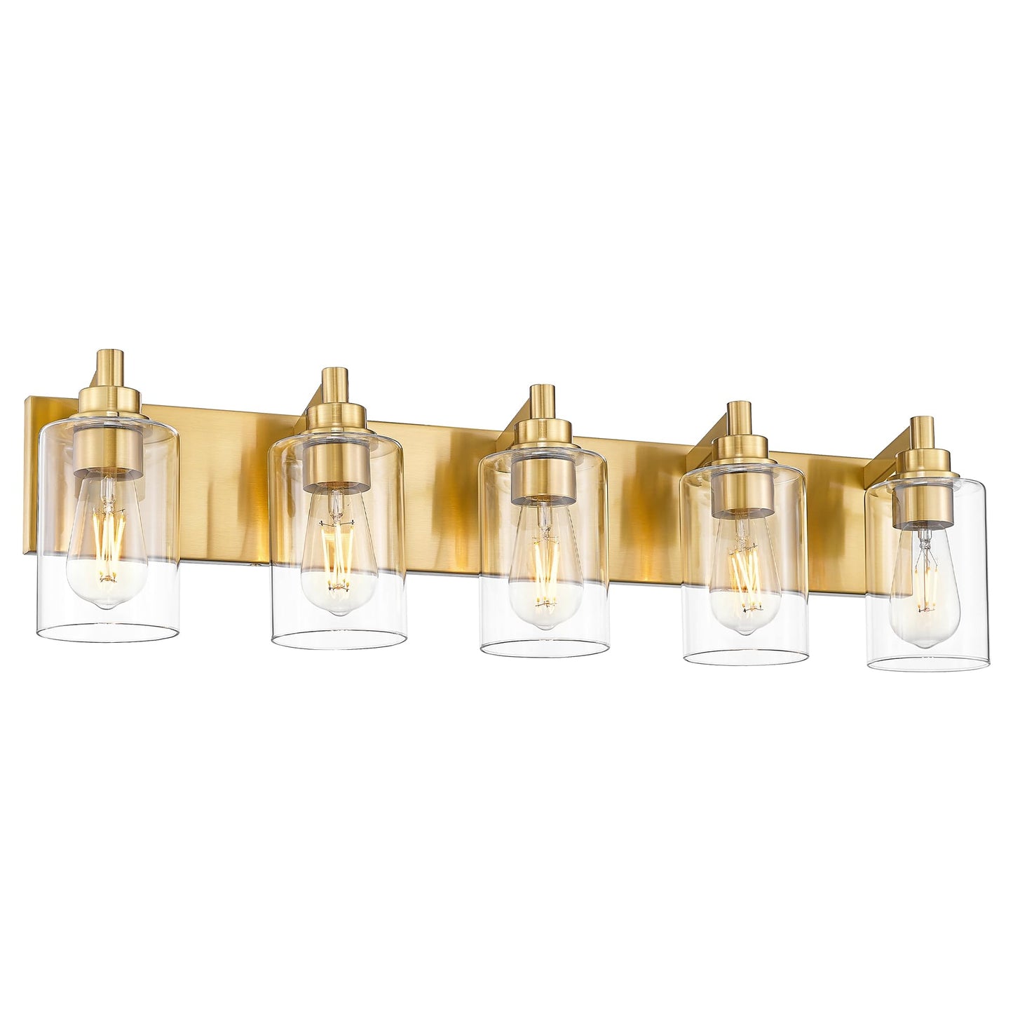 Metwet 5-Light Bathroom Light Fixtures  30 Inch Brushed Gold Vanity Light With Cylinder Clear Glass Shade  Modern Vanity Lighting Fixtures Over Mirror  Vl143-Bg-5