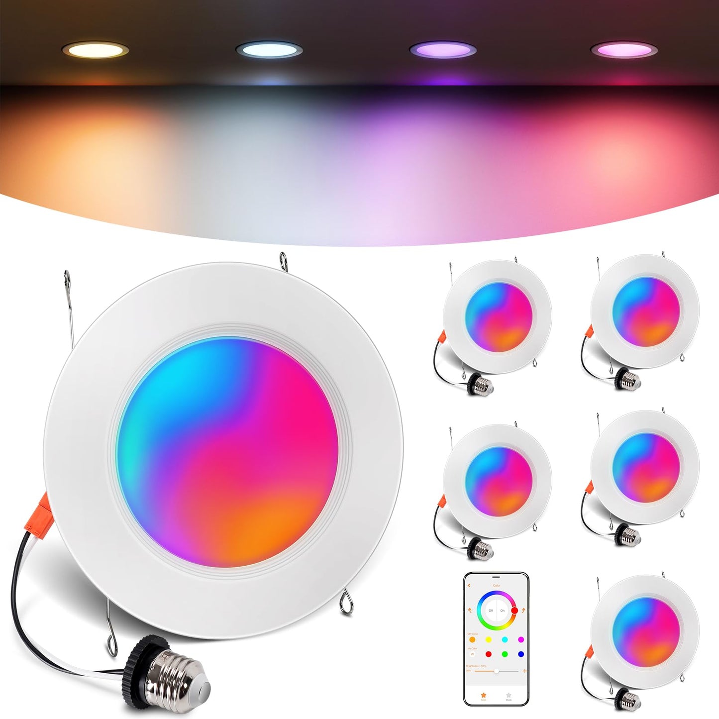 Varicart Smart Recessed Lighting 6 Inch  Rgbcw Color Changing Smart Can Light Bluetooth Connect  Flicker Free  13W 1300Lm  Dimmable Retrofit Downlight Works With Alexa Voice & App Control  Etl  6 Pack