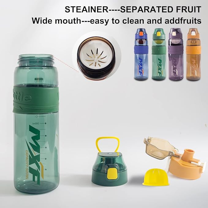 Water bottles,leak proof wide mouth water filter water bottles,Reusable 32 oz water bottles with filter,Safe Transparent plastic for school gym camping travel Green