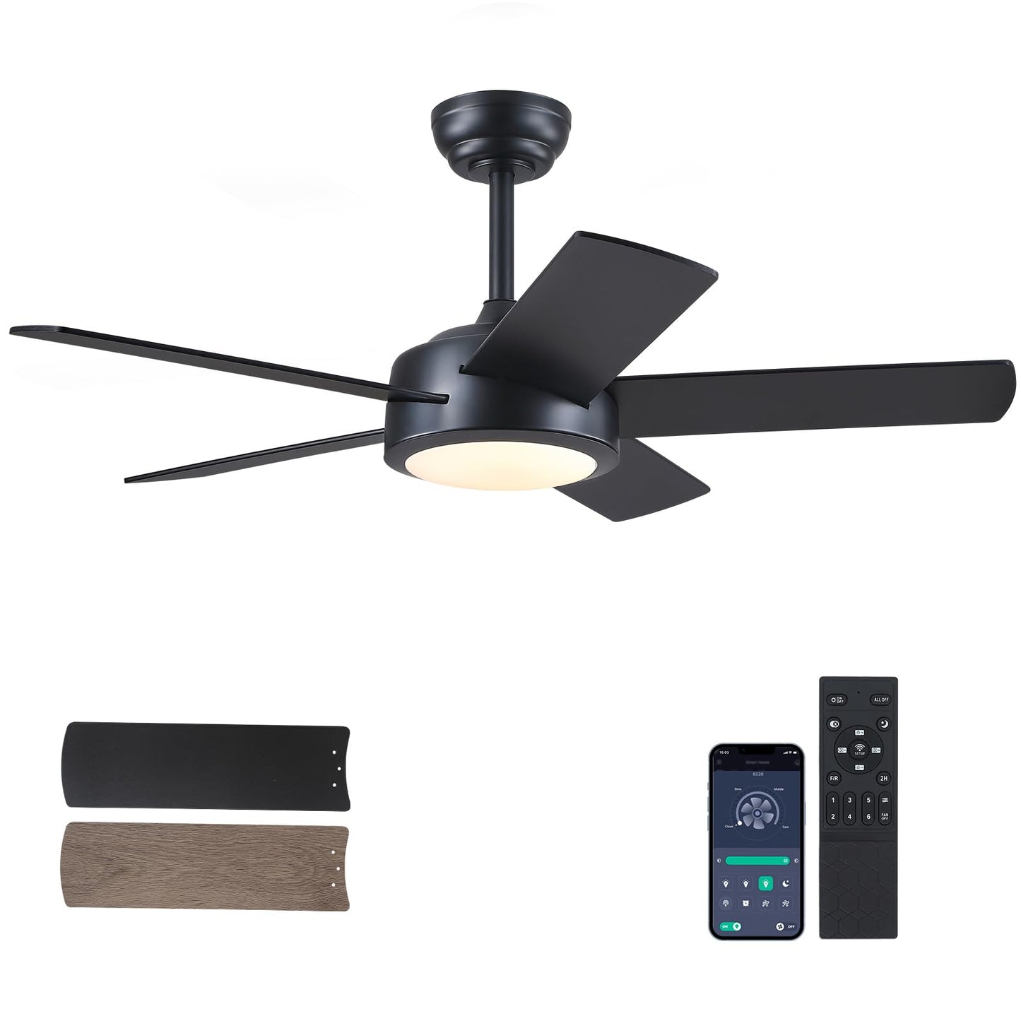 Chesur 42 Black Ceiling Fans With Lights - Modern Low Profile Ceiling Fan With Lights And Remote Control, 5 Dual-Sided Blades, R