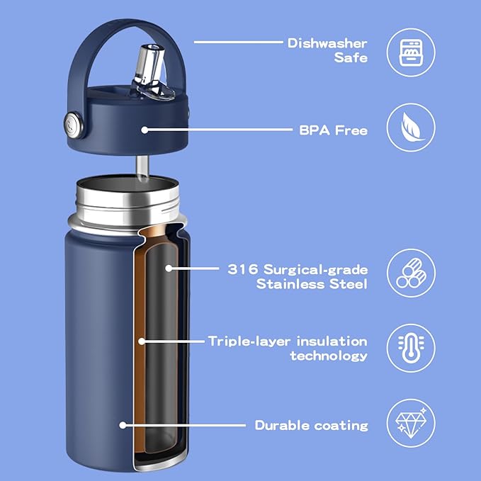 Kids Water Bottle with Straw Lid 10oz, Vacuum Insulated 316 Stainless Steel Water Bottles for Kids for School, Leakproof Water Bottle, BPA Free and Keep Cold for 24 Hours