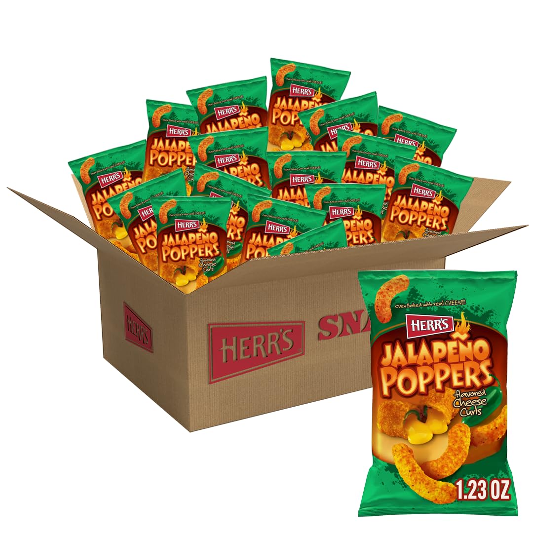 Herrs Jalapeo Poppers Flavored Cheese Curls - Made with Cheddar Cheese - Great for Bold Flavor Fans - 1.23 Ounce (Pack of 24)