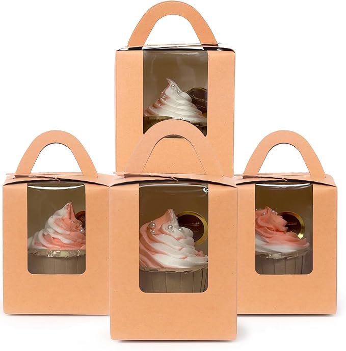 Bakepacker Auto-pop up Individual Cupcake Boxes with Window 60 Count Brown Single Cupcakes Box 3.7 x 3.7 x 4.3inch Cupcake Carrier