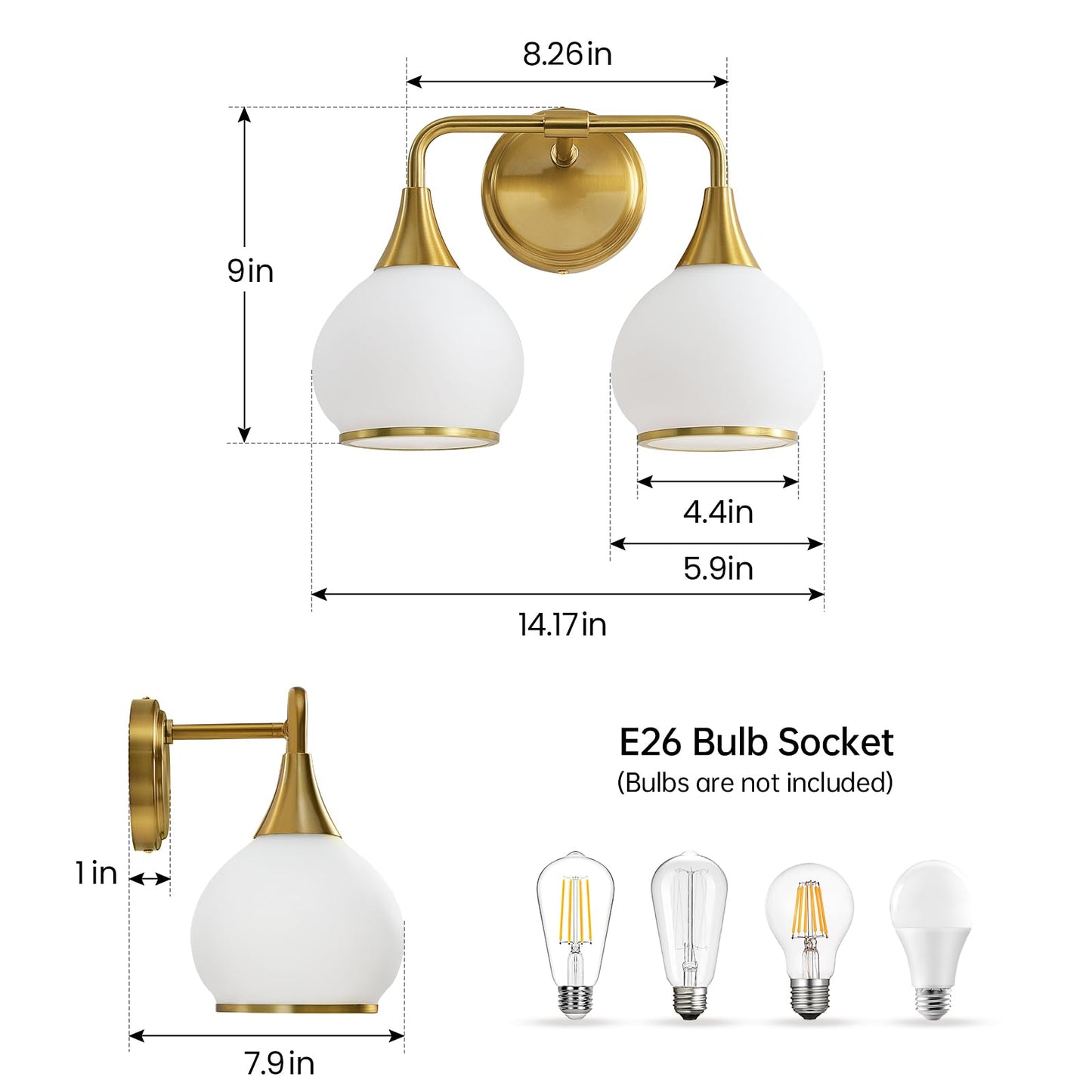 Hahzt Brushed Gold Bathroom Light Fixture, 2-Light Vanity Sconce, Milky White Frosted Glass Shade, Model 8033Ml