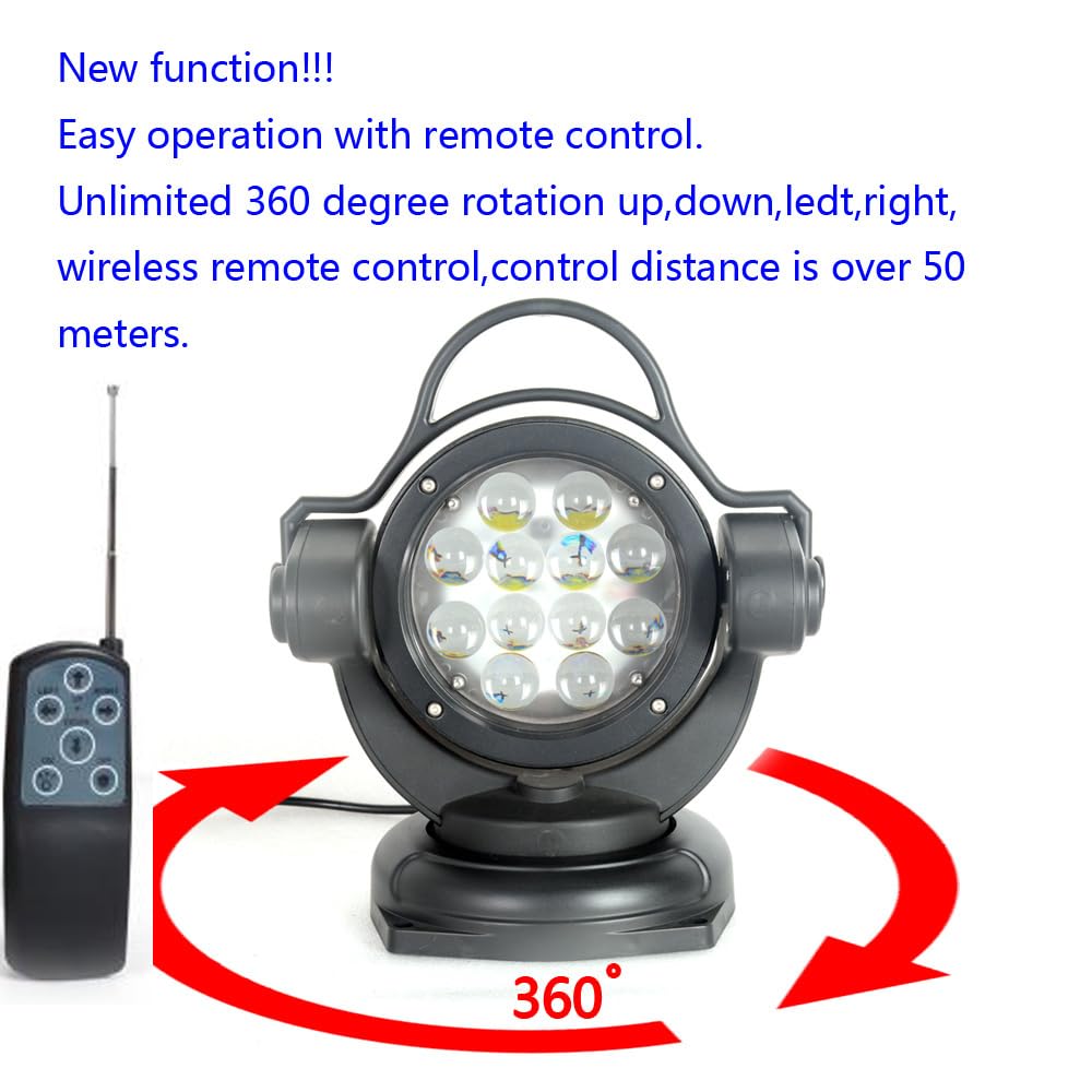 FSYF 60W LED Searchlight - Remote Control, 360° Rotating, Black, 11inch, Aluminum, Marine Boat Spotlight for SUV ATV 4WD Truck