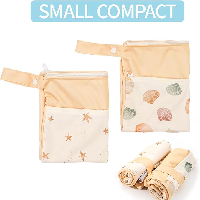 2pcs Wet Bags Waterproof Reusable Wet Dry Bag with Two Zippered Pockets Travel Beach Pool Daycare Yoga Gym Bag for Baby Cloth Diaper,Swimsuits,Wet Clothes (Shells & Starfish)