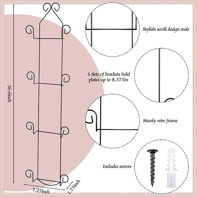 Menkxi 2 Pcs Vertical Wall Plate Holder for Display Plate Hanger Includes Non Adjustable Brackets Wall Mount Plate Rack for Display Plates Dishes(4 Tier,Black)