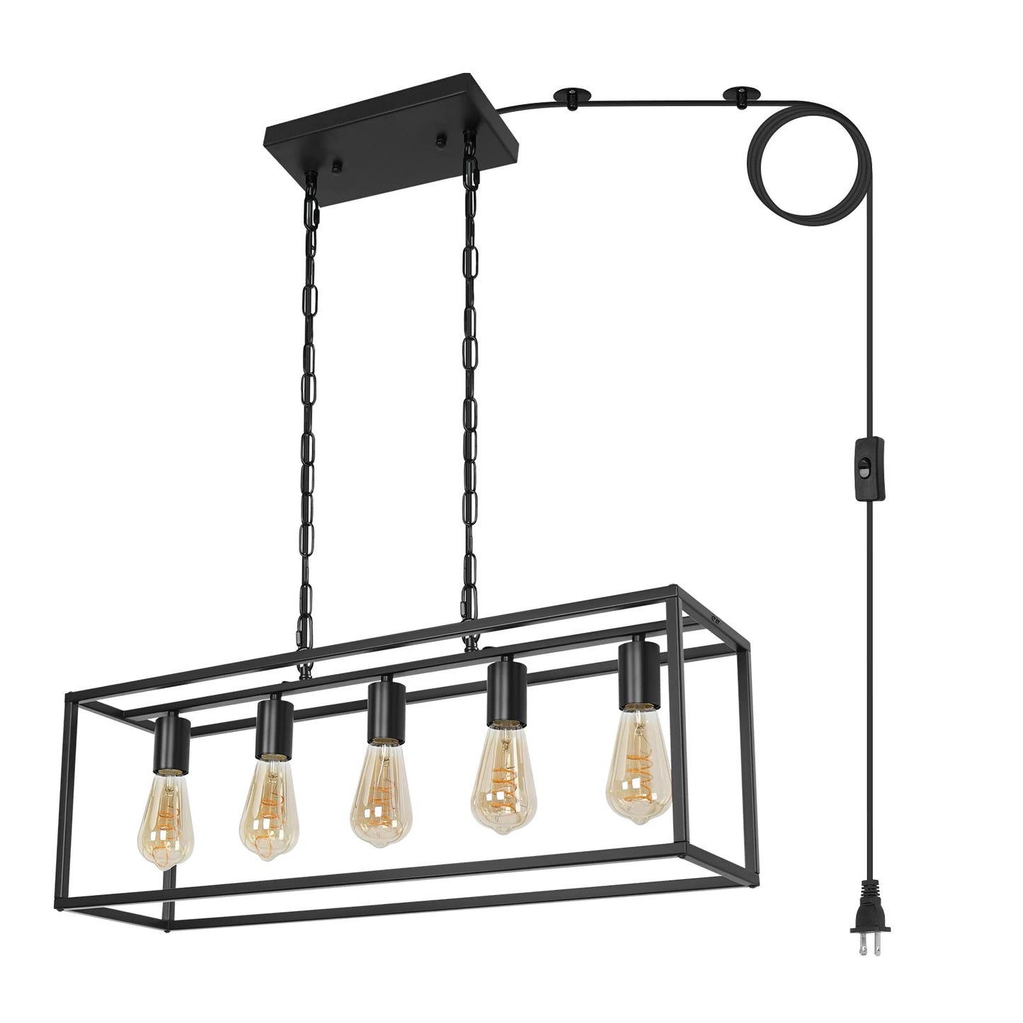 Black Farmhouse Plug In Kitchen Island Lighting  Industrial Modern 5-Light Linear Chandelier With 17.5Ft Cord  Rectangular Light Fixtures For Dining Living Room Bar
