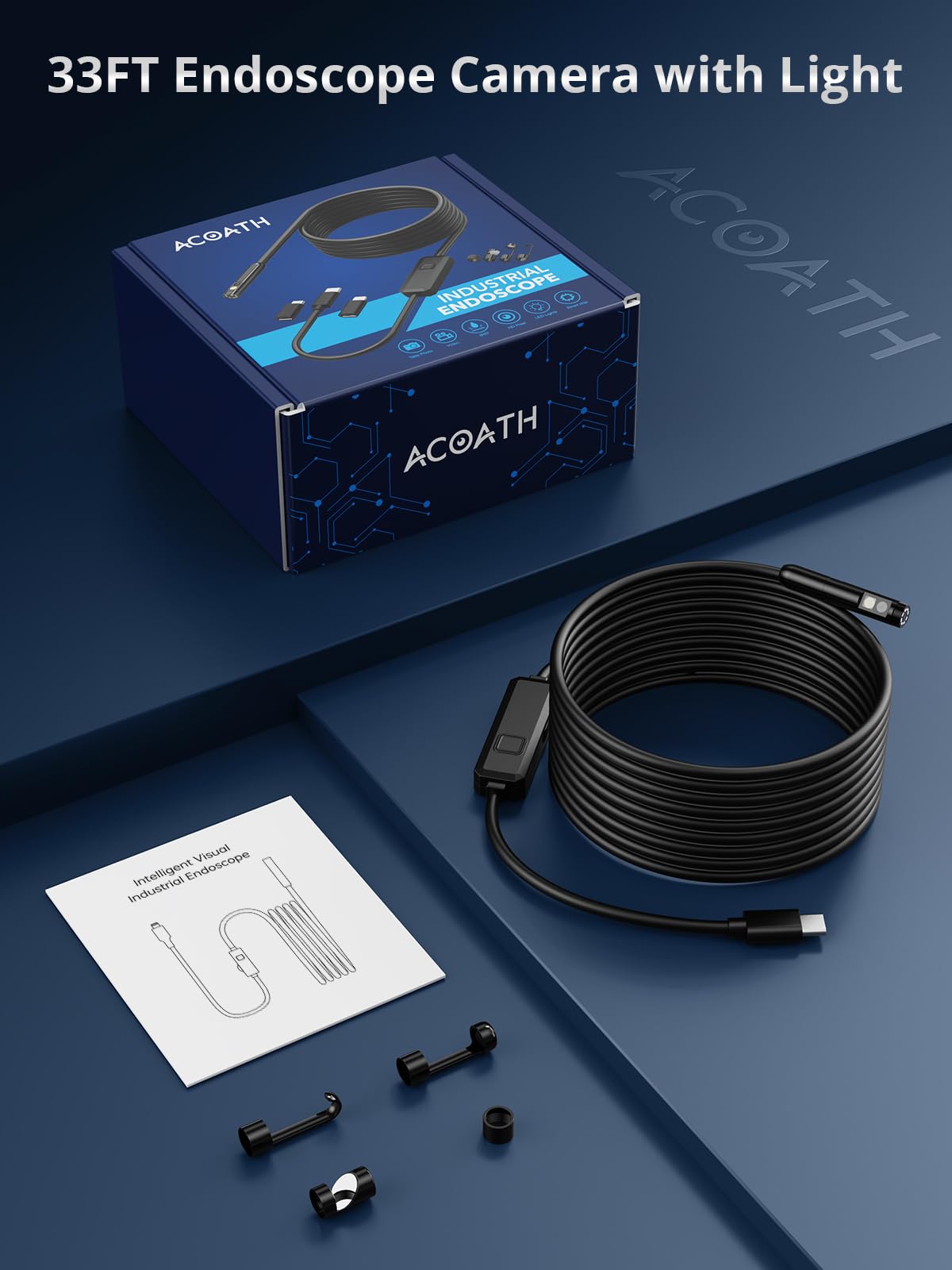 Acoath Endoscope Camera with Light, Dual-Lens 1920P HD Borescope with 8 Adjustable LED Lights, IP67 Waterproof Boroscope Inspection Tools, 33ft Semi-Rigid Snake Camera for iOS & Android