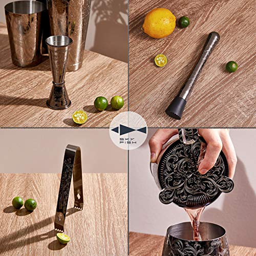 SKY FISH Bartender Kit Cocktail Shaker Set-7 Pieces Stainless Steel Black Plated Etching Bar Tools with Boston Shaker Tin...