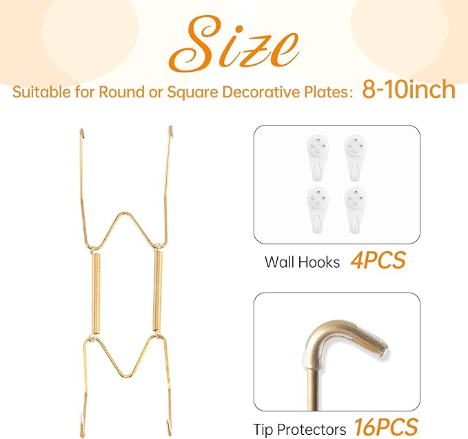 4 Pack Plate Hangers for The Wall, Suitable for 8-10 inch Art Plate, Stainless Steel Invisible Heavy Duty Wire Plate Holder with Wall Hooks, Plate Hangers for Displaying Plates, Platter, Dish, Gold