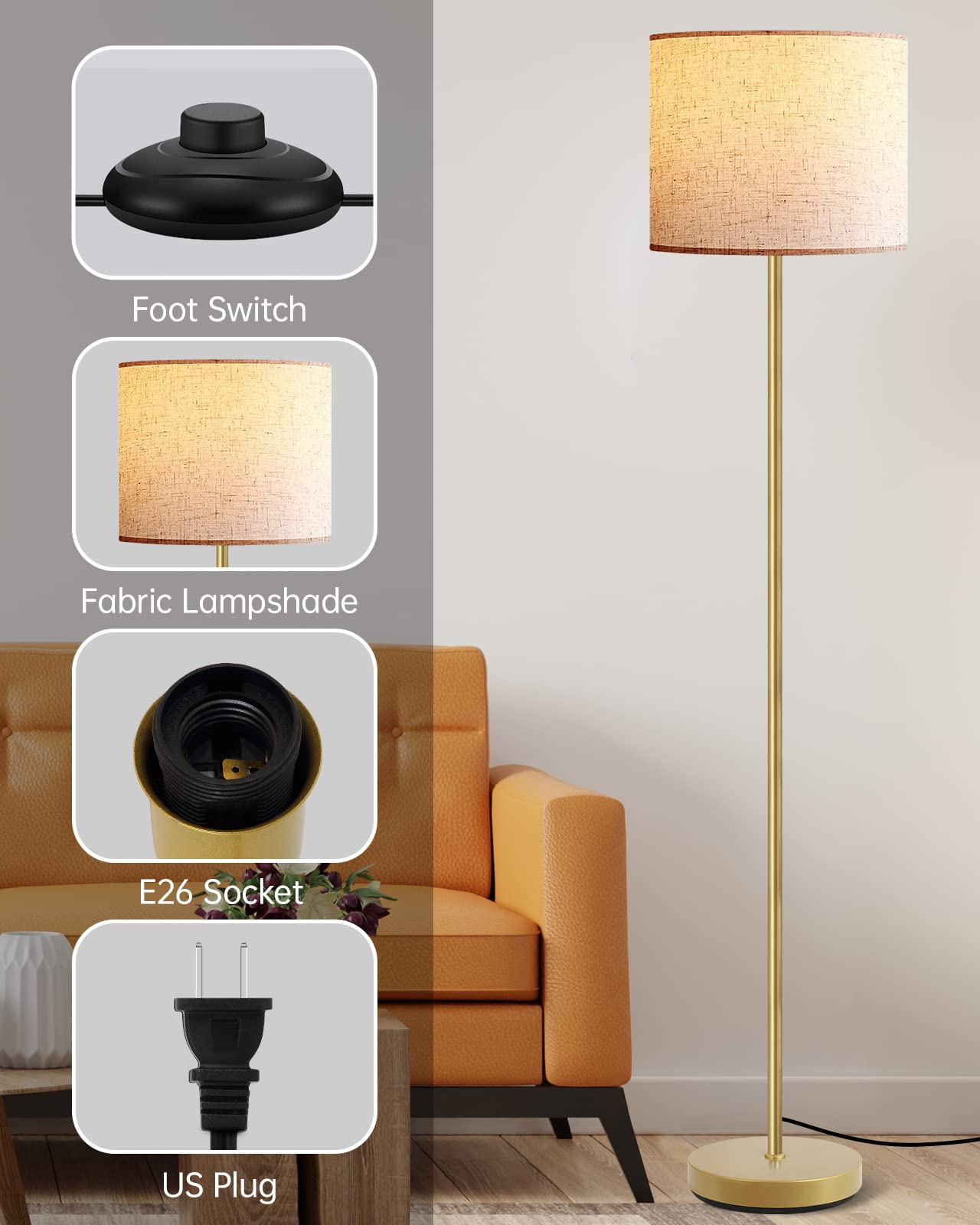 Boostarea Floor Lamp - 15W Led, 3 Dimmable Levels, Gold Metal, On/Off Footswitch, Tall Standing Lamp For Living Room/Bedroom/Office