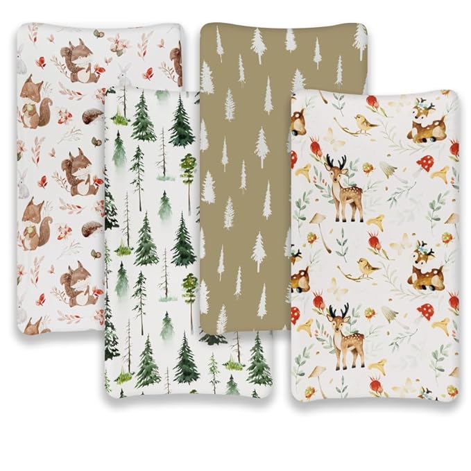 4 Pack Changing Pad Covers Woodland Forest Animals Wood Neutral Unisex Fitted Baby Changing Pad Cover Set for Baby Boys or Girls (Beer)