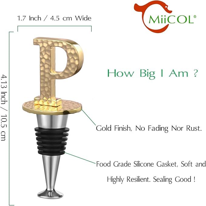 Miicol Wine Bottle Stopper, Prosecco Stopper, Gold Wine Stopper, Personalised Champagne Stopper, Initial Wine Stopper, Funny Prosecco Gift, Wine Lovers Gift, Kitchen Decor, Letter P