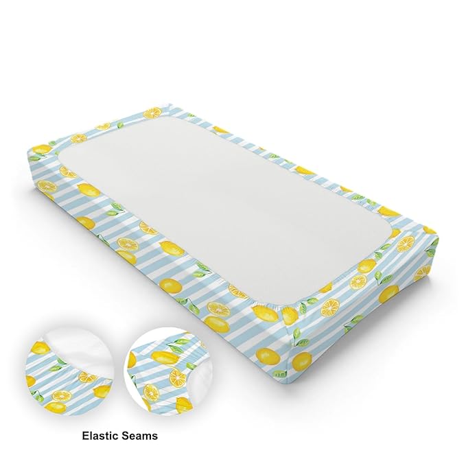 Summer Lemon Leaves Stripes Pattern Baby Changing Pad Cover, Unisex Fruits Nursery Diaper Changing Table Pad Mat Sheet for Boys Girls-16x32