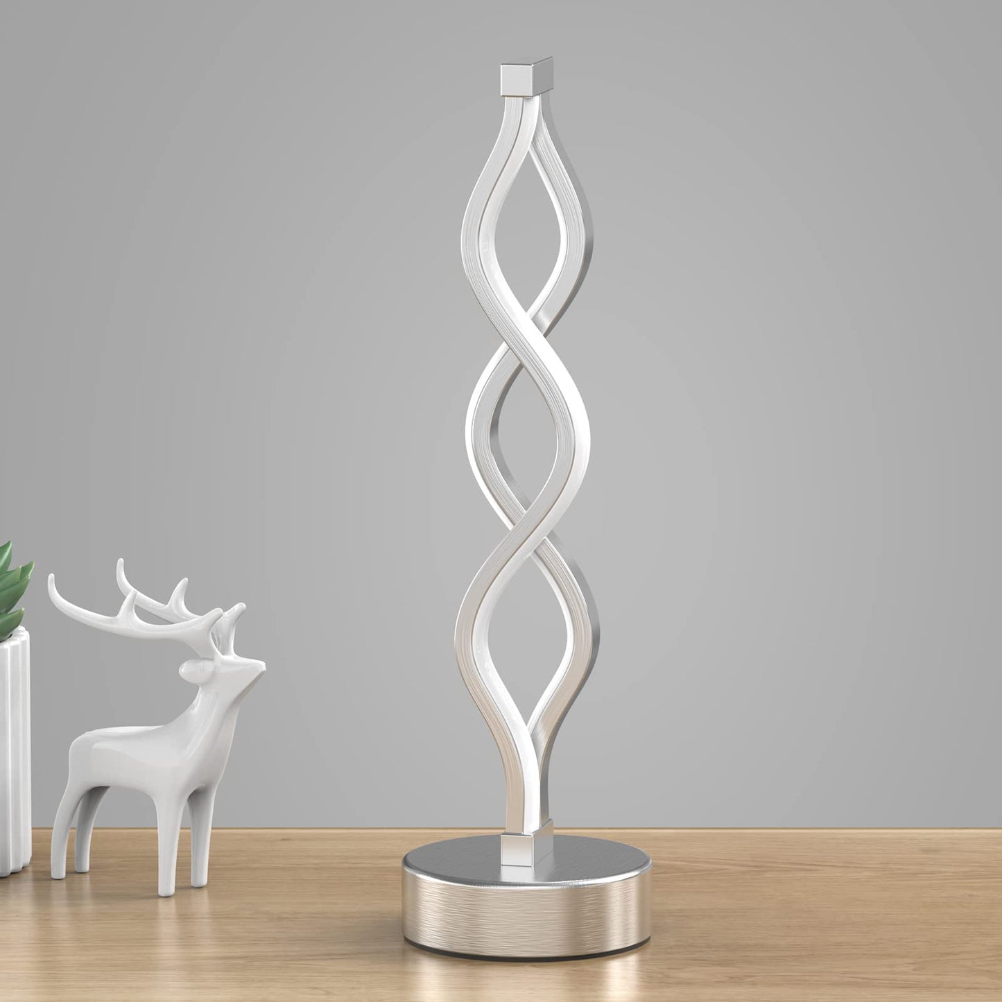 NUÜR Infinity Spiral LED Table Lamp, Dimmable, 15.8 Inch, Silver, Touch Controller, 3 Colour Temperatures, Decorative for Home