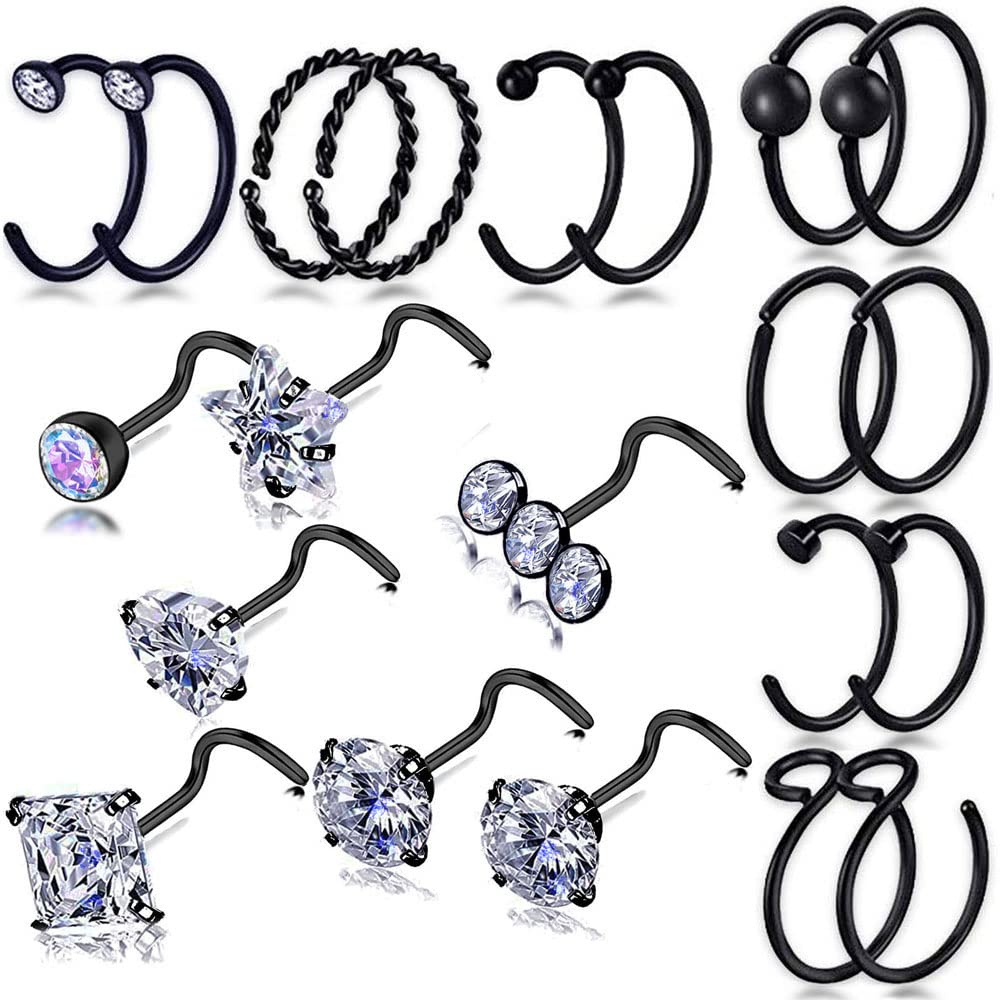 20G Black Surgical Steel Nose Screw Nose Stud Nose Rings Hoops Nose Hoop for Women Men