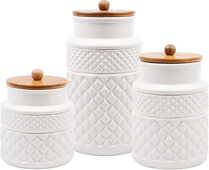 MosJos Set of 3 White Canisters Embossed Faceted Ceramic, 3 Round Jars with Bamboo Lid and Rubber Gasket for Kitchen - Food Storage.