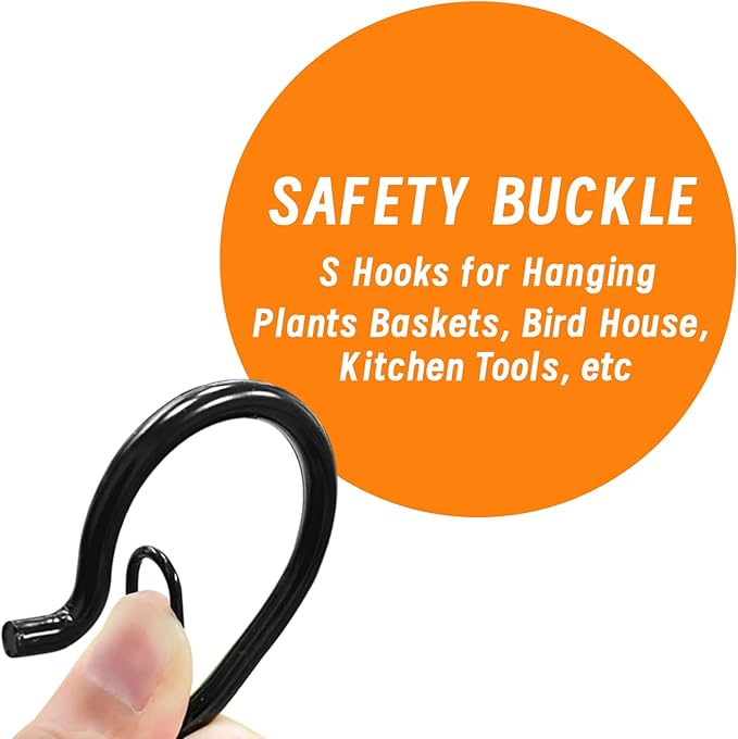 24 PCS S Hooks for Hanging with Safety Buckle, 3.5 inch Heavy Duty Metal S Shaped Hooks for Kitchen Utensil, Cups, Pots, Plants, Bags, Hats (Black)