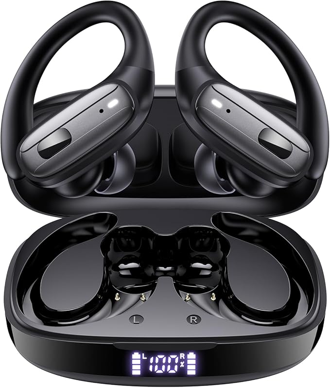 LEEMC Wireless Earbuds, Bluetooth Headphones 5.4, Ear Buds with Hooks for Sports, 80Hr Playtime Earphones, LED Display, IP...