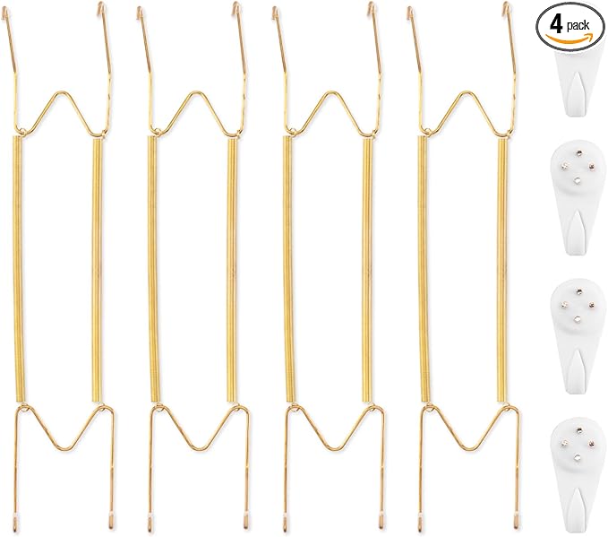 4 Pack Plate Hangers for The Wall, Suitable for 16-20 inch Art Plate, Stainless Steel Invisible Heavy Duty Wire Plate Holder with Wall Hooks, Plate Hangers for Displaying Plates, Platter, Dish, Gold