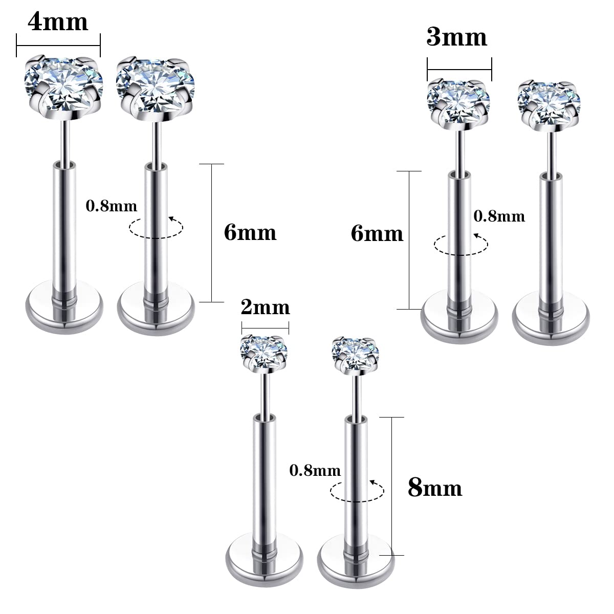 COTATI 20G Flat Back Earrings Stud Threadless Tragus Cartilage Lip Medusa Piercing Jewelry Hypoallergenic (Silver,20G 2/3/4mm CZ