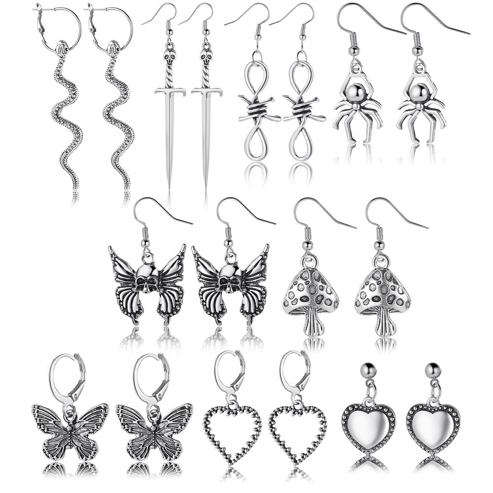 Halloween Gothic Earrings Set, Metal Punk Goth Vintage Silver Snake Spider Butterfly Dagger Dangle Drop Earrings for Women, Grunge Y2K Emo Jewelry Pack Party Costume Accessories (Style1)